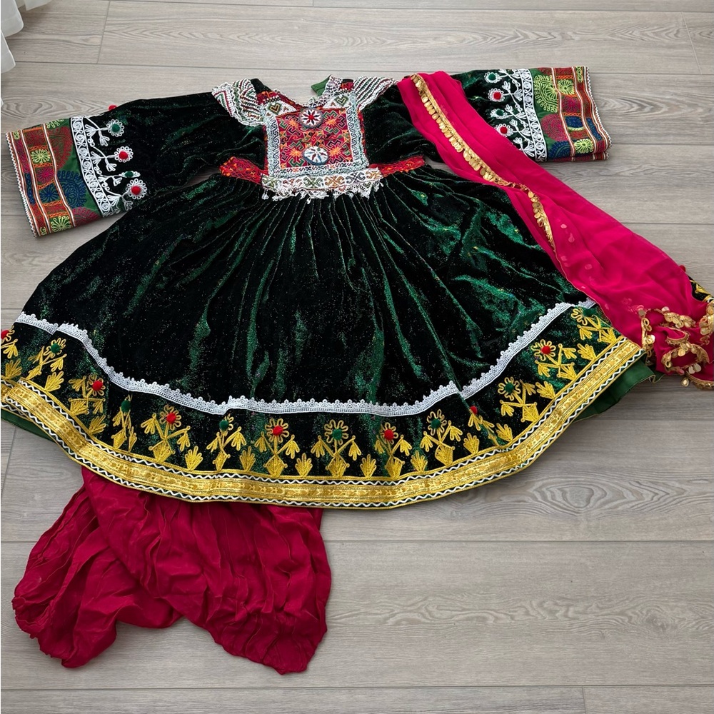 Traditional Afghan dress green and hot pink